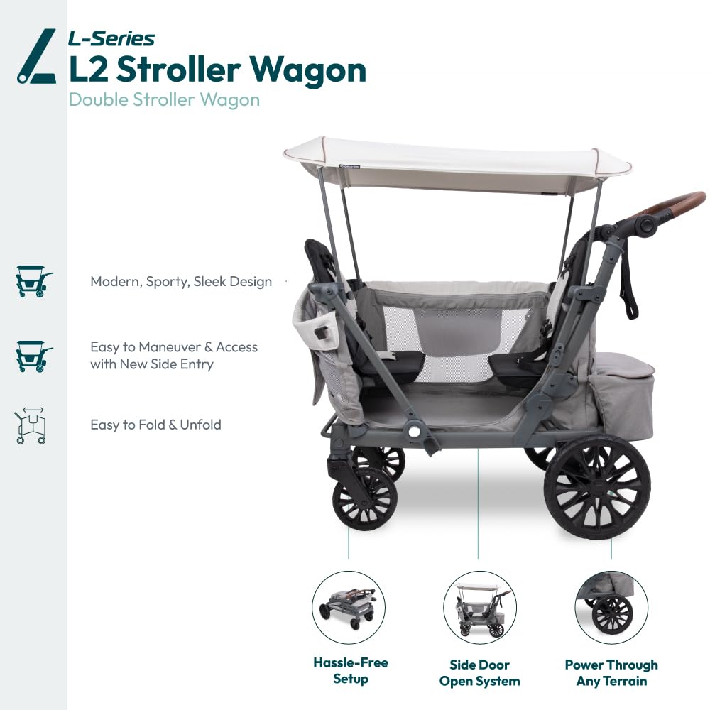 WONDERFOLD L2 Double Stroller Wagon - 2 Seater, Collapsible, Gray, 5-Point Harness, Adjustable UPF50+ Canopy