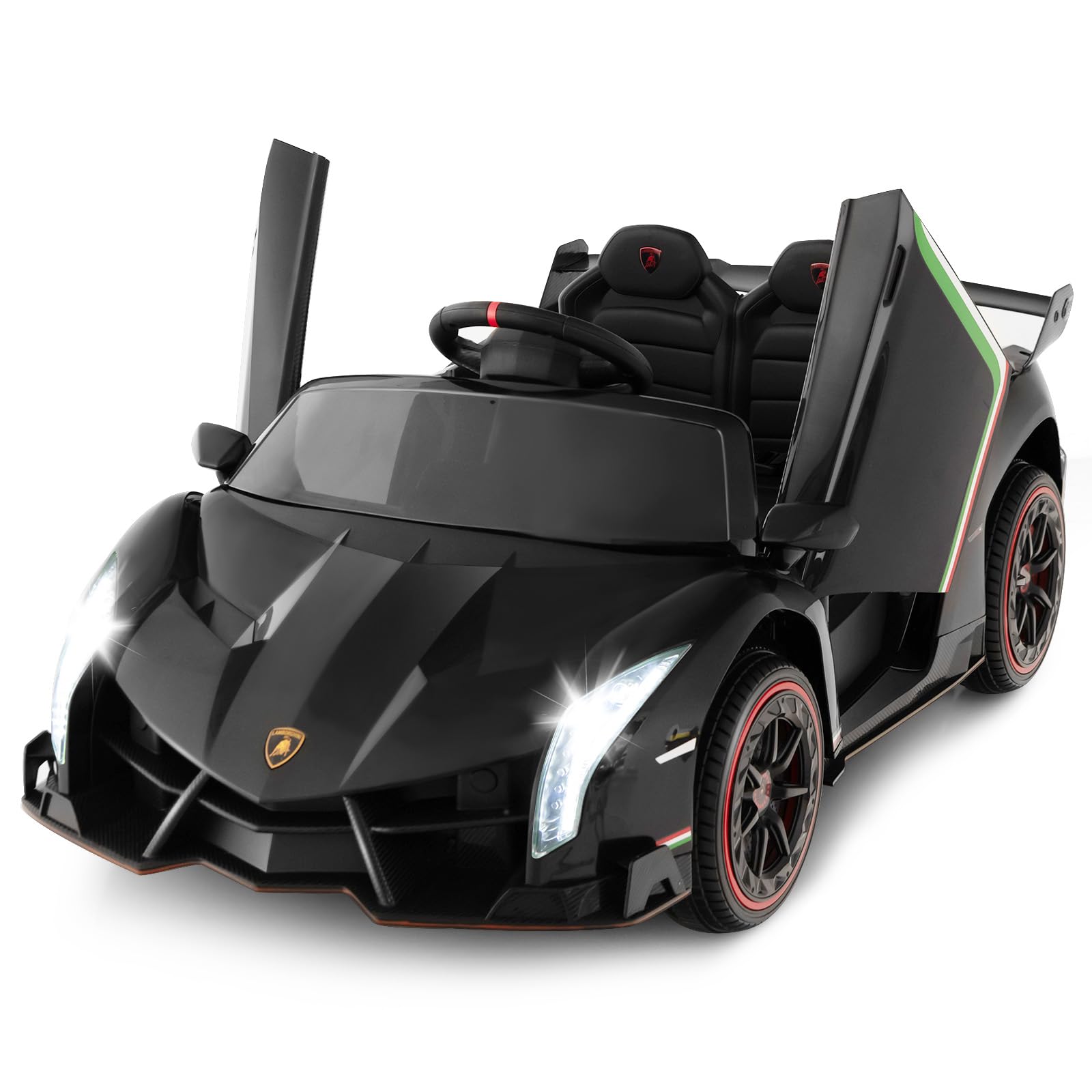 OLAKIDS 2 Seater Kids Ride On Car  12V 4WD Licensed Lamborghini Veneno Electric Vehicle with Remote Control  Toddlers Battery Powered Toy Gift with 2 Speeds  Rocking Mode  Music  USB  MP3 (Black)