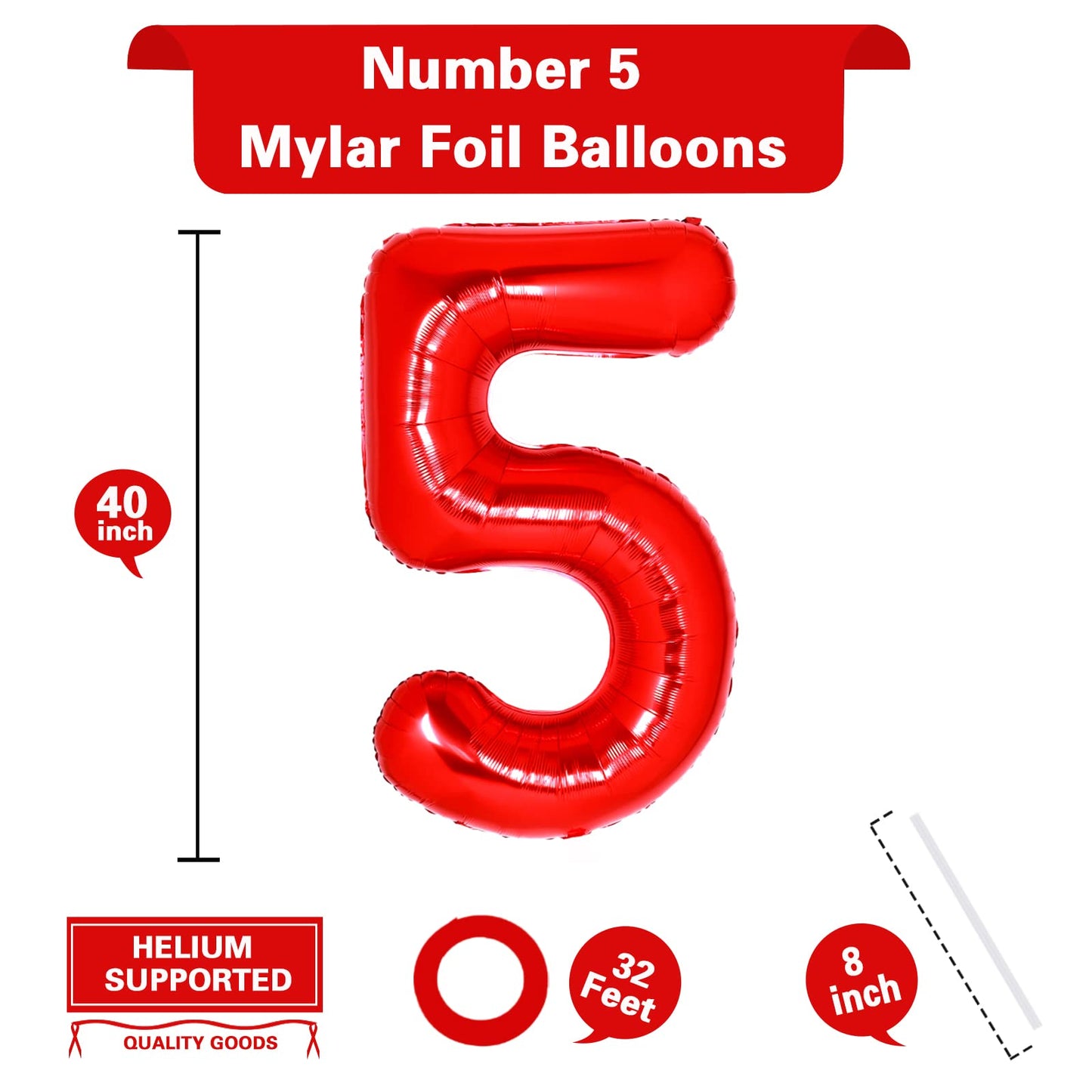 40 Inch Giant Red Number 5 Balloon, Helium Mylar Foil Number Balloons For Birthday Party, 5Th Birthday Decorations For Kids, Ann
