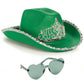 Funcredible St Patrick's Day Cowgirl Hat with Heart Glasses - Green Cowboy Hat with Tiara Crown - Halloween Cow Girl Costume Acc