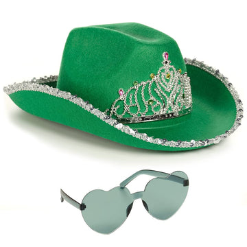 Funcredible St Patrick's Day Cowgirl Hat with Heart Glasses - Green Cowboy Hat with Tiara Crown - Halloween Cow Girl Costume Acc