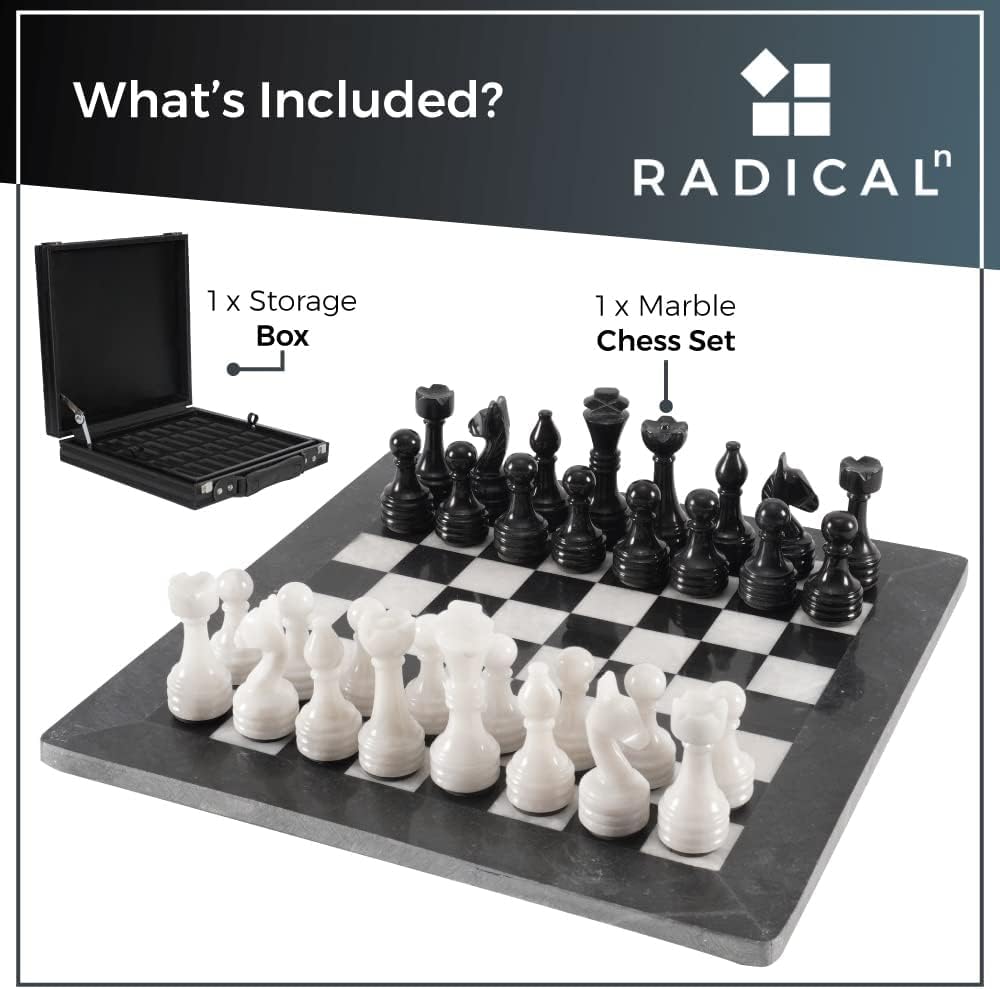 Radicaln Marble Chess Set Storage Box 15 Inches Black And White Handmade Chess Sets For Adults - Chess Board & 32 Chess Pieces - Board Chess Game
