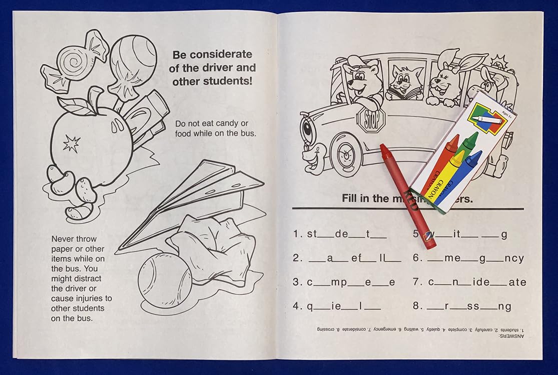 ZOCO - School Bus Safety & Rules Coloring & Activity Books (50 Bulk Pack, with Crayons) - Bus Driver Gift & Handout for Kids