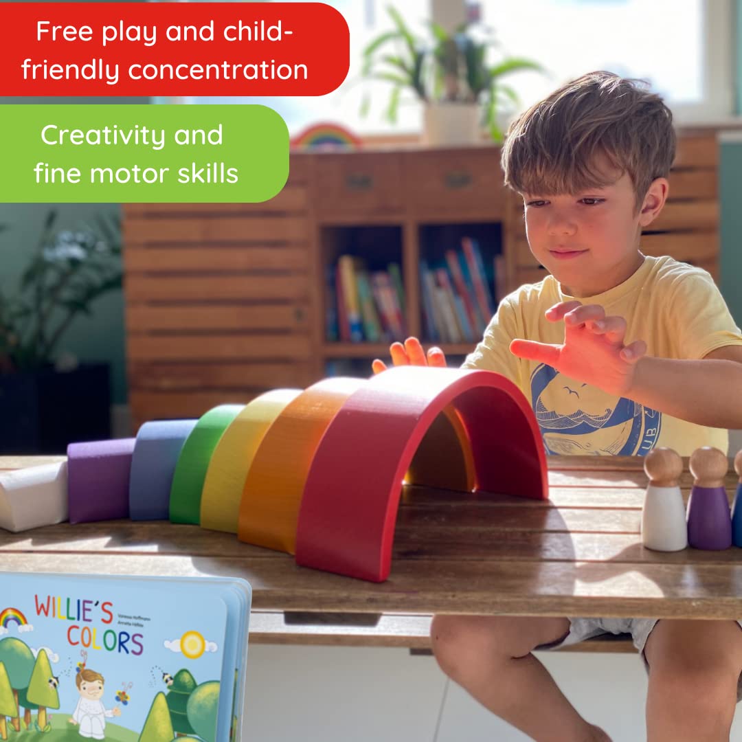 Montessori Nesting Rainbow Toy: Open-Ended Wooden Stacking Set With Arches, Peg Dolls & Story Book For Emotional Intelligence &