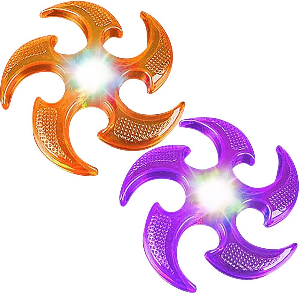 Artcreativity Light Up Ninja Flyers Set – Pack Of 2 Flying Ninja Stars For Kids – Light Up Flying Toys With Batteries – Fun Summer Toy And Gift For Kids – Orange And Purple Ninja Stars