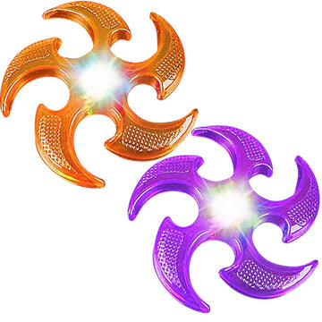 Artcreativity Light Up Ninja Flyers Set – Pack Of 2 Flying Ninja Stars For Kids – Light Up Flying Toys With Batteries – Fun Summer Toy And Gift For Kids – Orange And Purple Ninja Stars