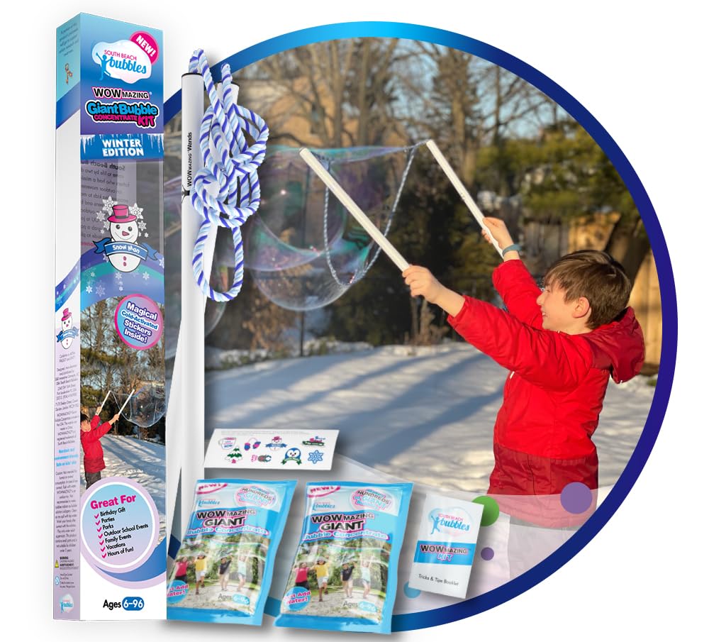 WOWMAZING Giant Bubble Kit Winter - Bubble Wand  2 Big Bubbles Mix Pouches  8 Cold-Activated Stickers for Outdoor Winter Fun |Bubbles Made in USA