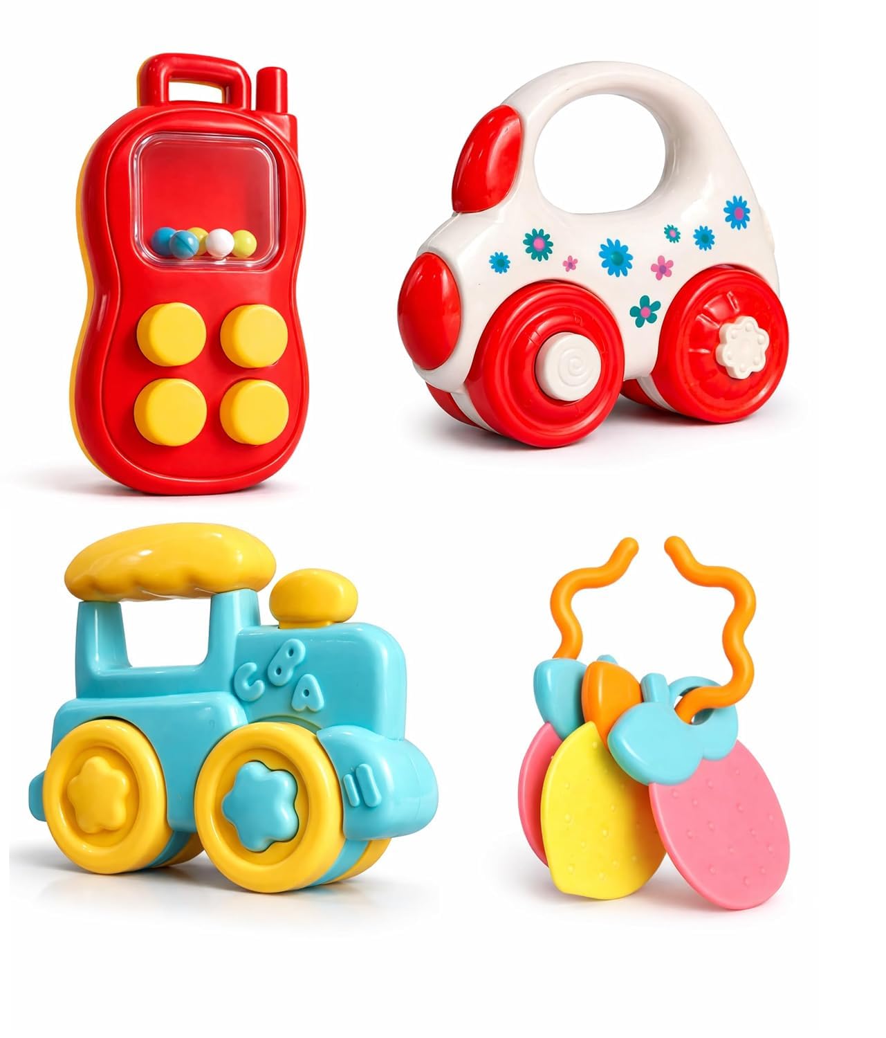 Prime Brands Attractive Rattles and Teathers for Baby  Rotating Wheel Train, Rolling Car, Sound & Rattle Phone, Silicone Teethe