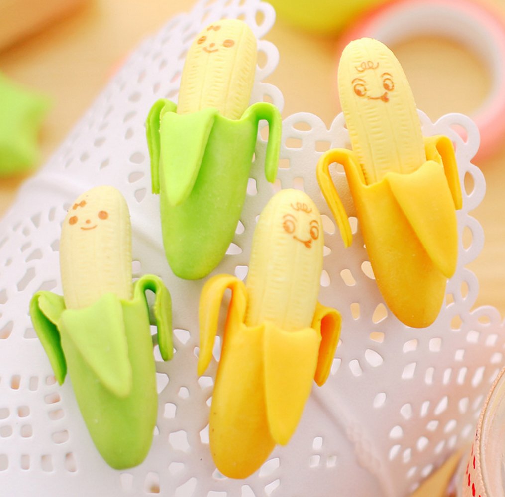 yueton?Pack of 4 Cute Funny Novelty Banana Style Pencil Eraser Rubber Stationery Kid Gift Toy