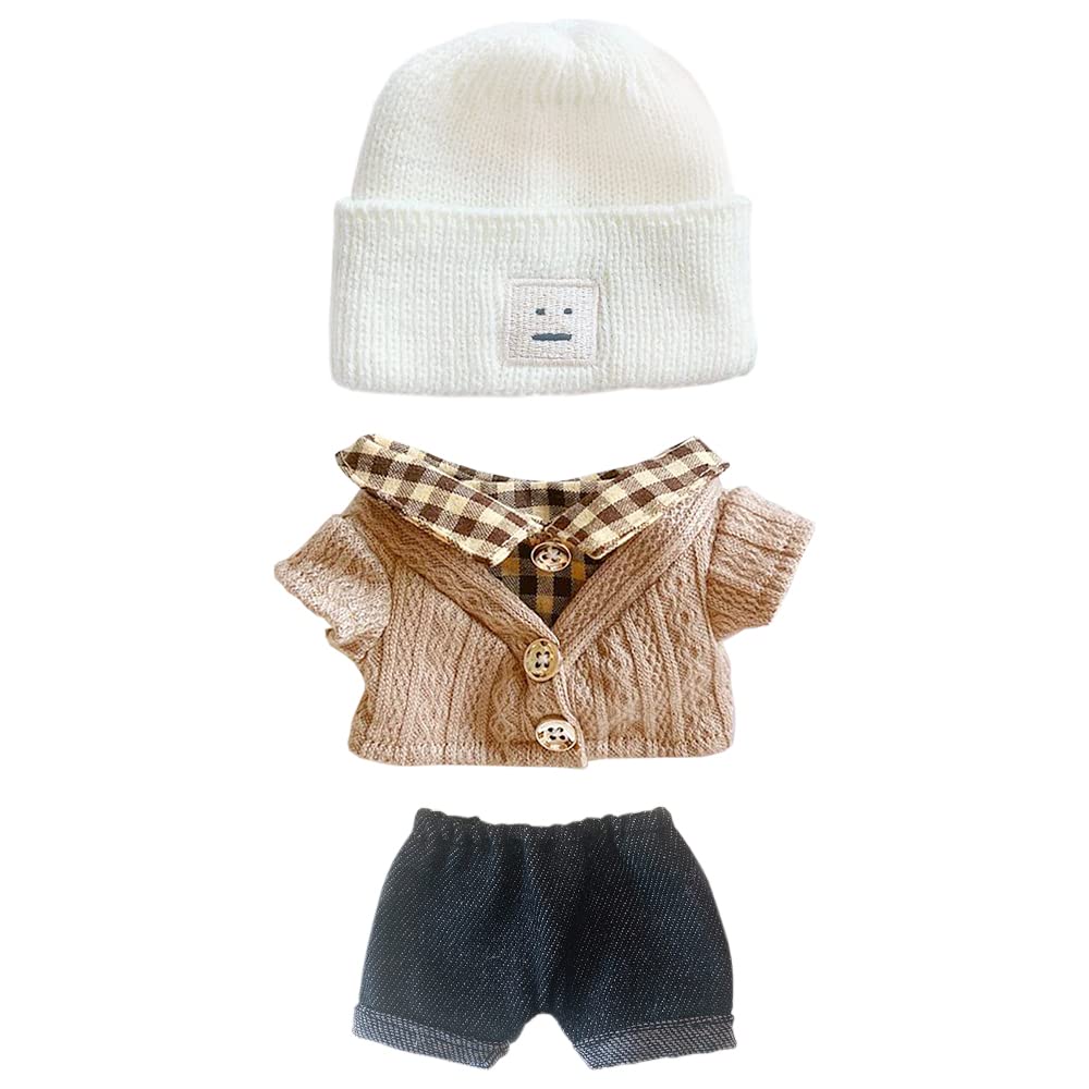 Niannyyhouse 7.8In/20Cm Plush Doll Clothes Hat Button Sweater Denim Flanging Jeans Doll Dressup (White+Brown)