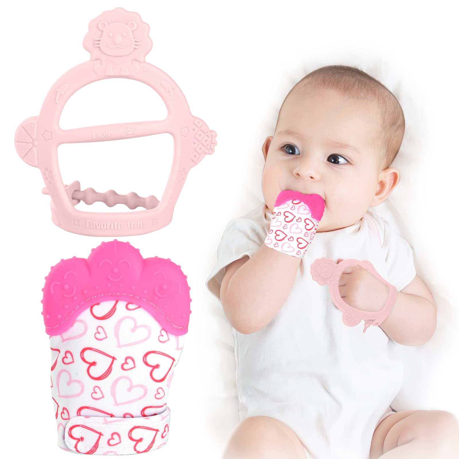 Vicloon Silicone Teething Mitt, 2Pcs Baby Teething Mitten, Baby Teething Toy With Adjustable Strap, Crinkle Sound And Textured, Baby Teething Mitten Self Soothing Baby Chew Toys For 0-6Month Infant