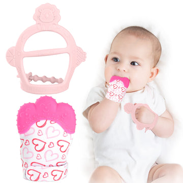 Vicloon Silicone Teething Mitt, 2Pcs Baby Teething Mitten, Baby Teething Toy With Adjustable Strap, Crinkle Sound And Textured, Baby Teething Mitten Self Soothing Baby Chew Toys For 0-6Month Infant