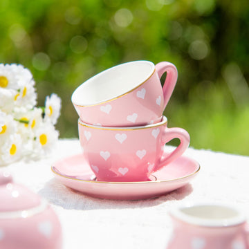 TUZT Porcelain Tea Party Set for Little Girls Kids Toddlers, 13Pcs Pink Heart Ceramic Tea Set - Tea Pot Cups & Saucers & Carryin