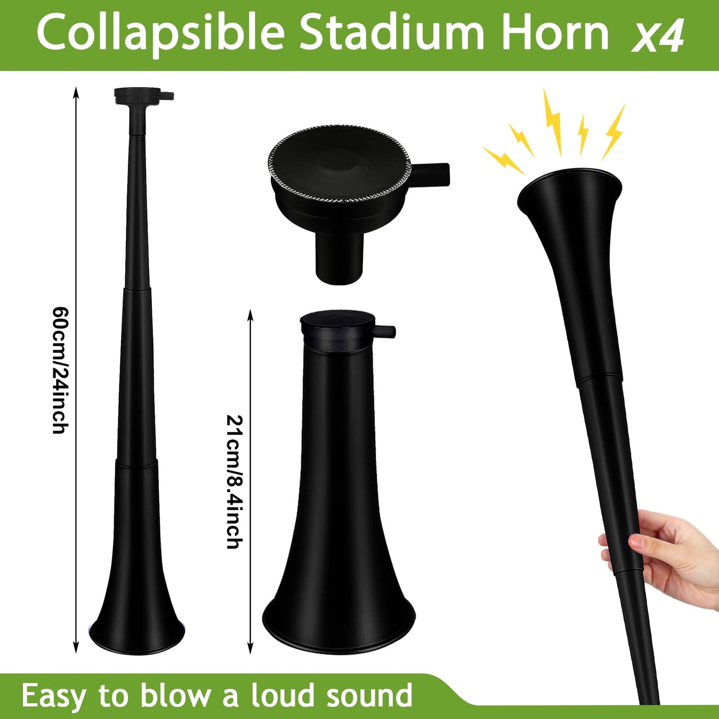Outus Collapsible Stadium Horns - 24 Inch Plastic Vuvuzela Noisemakers, 4 Pack, Black - Perfect for Sporting Events & Parties