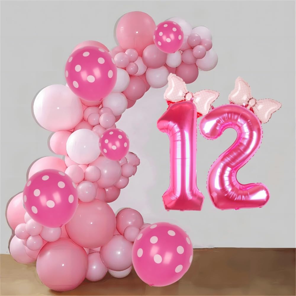 Kwuz 40 Inch Pink Number 12 Balloon with Mini Bow Balloons for Girls 12th Birthday Party Decoration, Pink Princess Western Cowgi