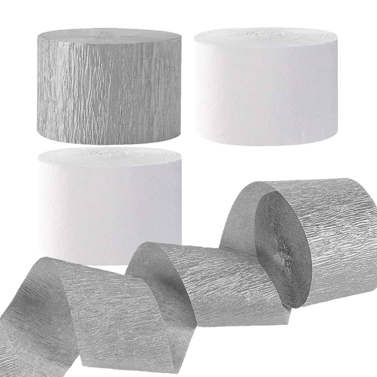 AIM & GGKK Wedding Crepe Paper Streamers(White and Silver) 1.8 Inch Widening 6 Rolls Party Streamer Festival Party Decorations,a
