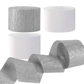 AIM & GGKK Wedding Crepe Paper Streamers(White and Silver) 1.8 Inch Widening 6 Rolls Party Streamer Festival Party Decorations,a