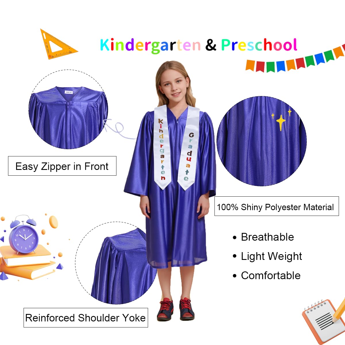 Newrara Kindergarten Graduation Cap And Gown Stole Package For Kids (Purple, 36)
