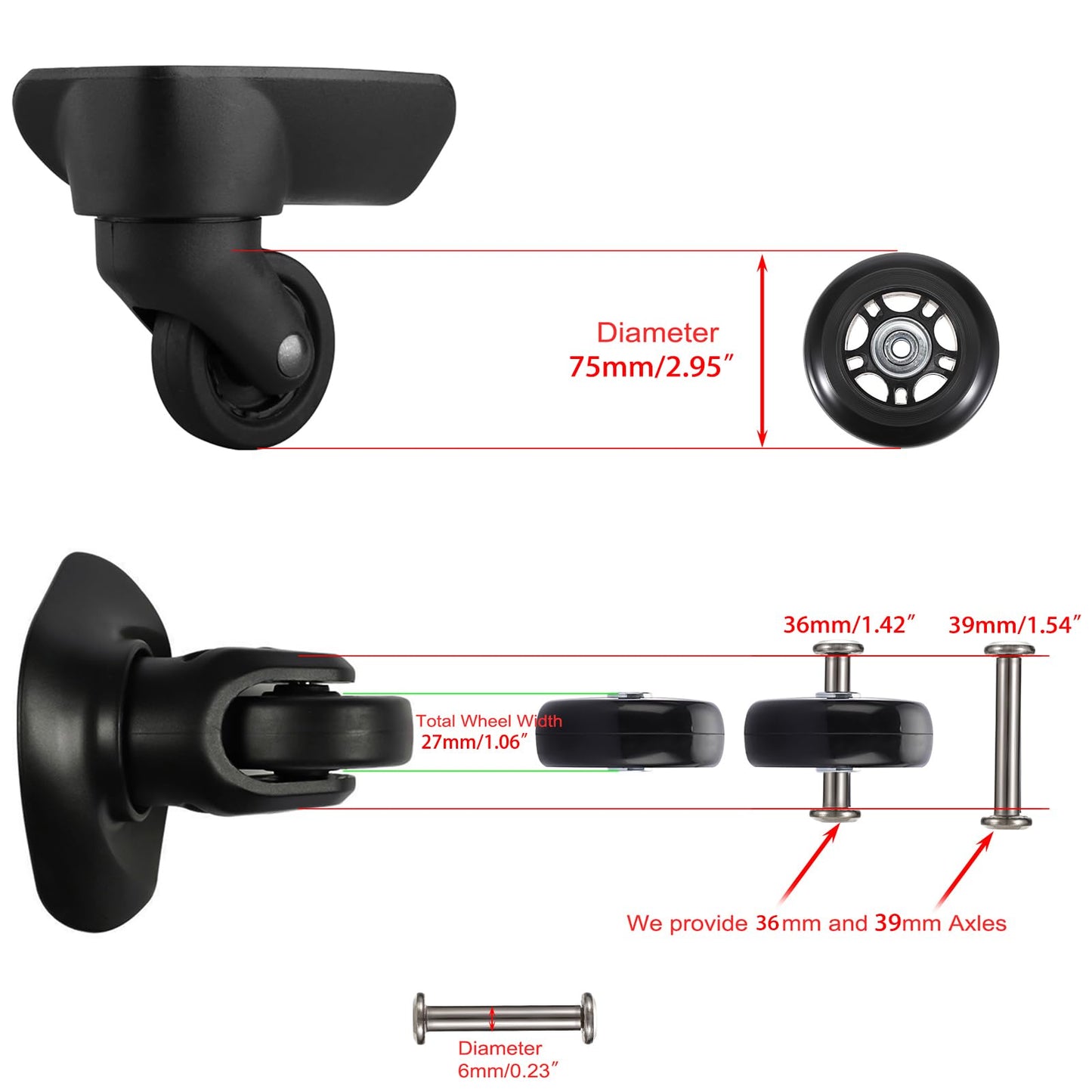 Ownmy 75 X 24Mm Luggage Suitcase Replacement Wheels, Rubber Swivel Caster Wheels Bearings Repair Kits, Set Of 2