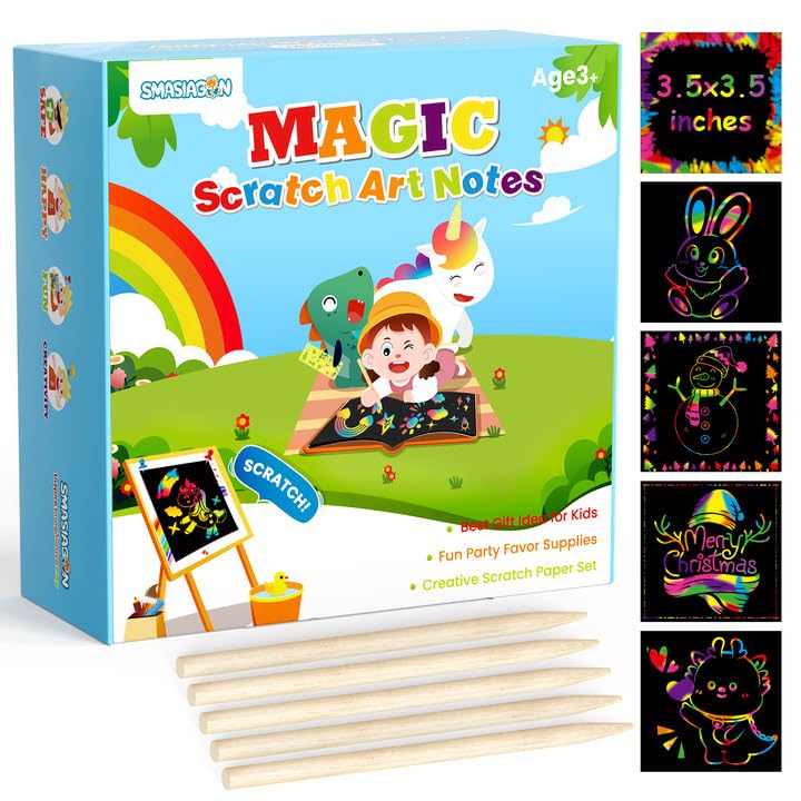 Smasiagon Rainbow Arts & Crafts for Kids - 125 Mini Scratch Paper Notes - Art Supplies Kids Toys Party Favor - Valentines Day Gi