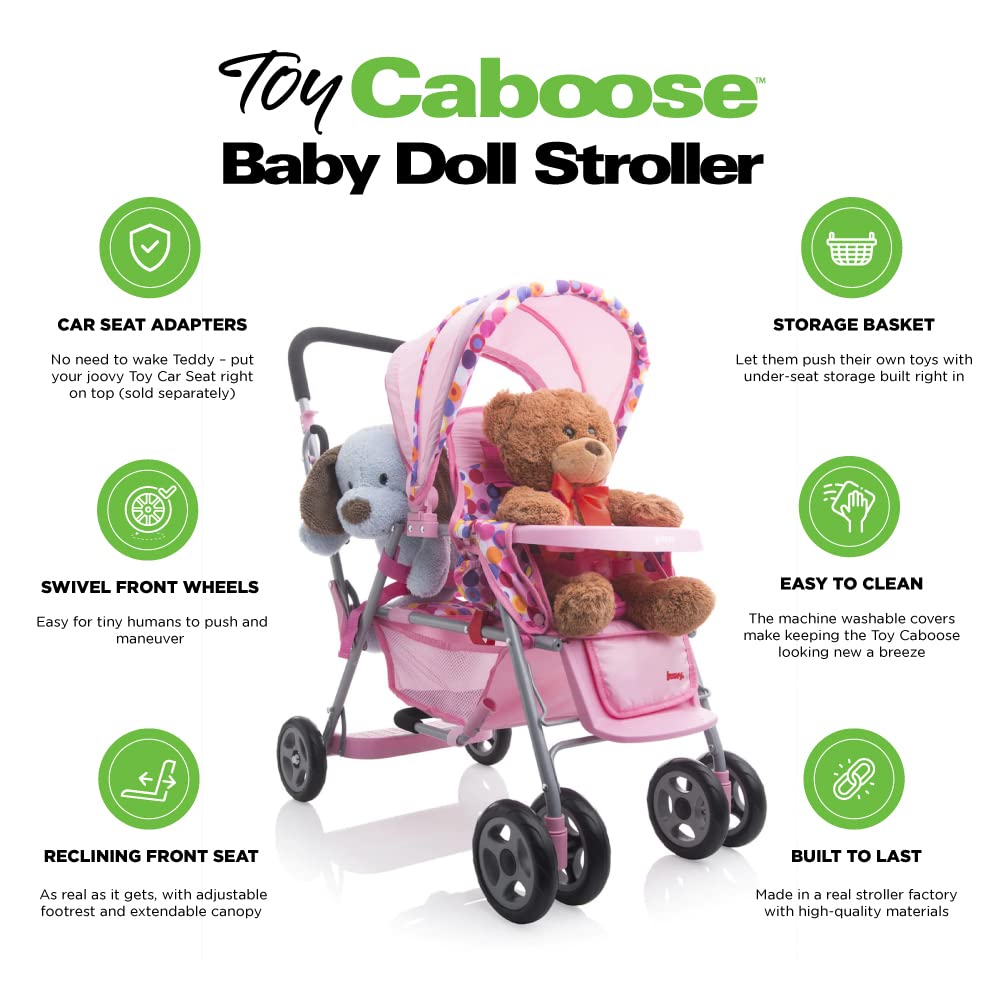 Joovy Toy Caboose Baby Doll Stroller Featuring Reclining Front Seat, Adjustable Footrest, Storage Basket, Extendable Canopy, And Snack Tray - Holds 3 Dolls (Pink Dot)