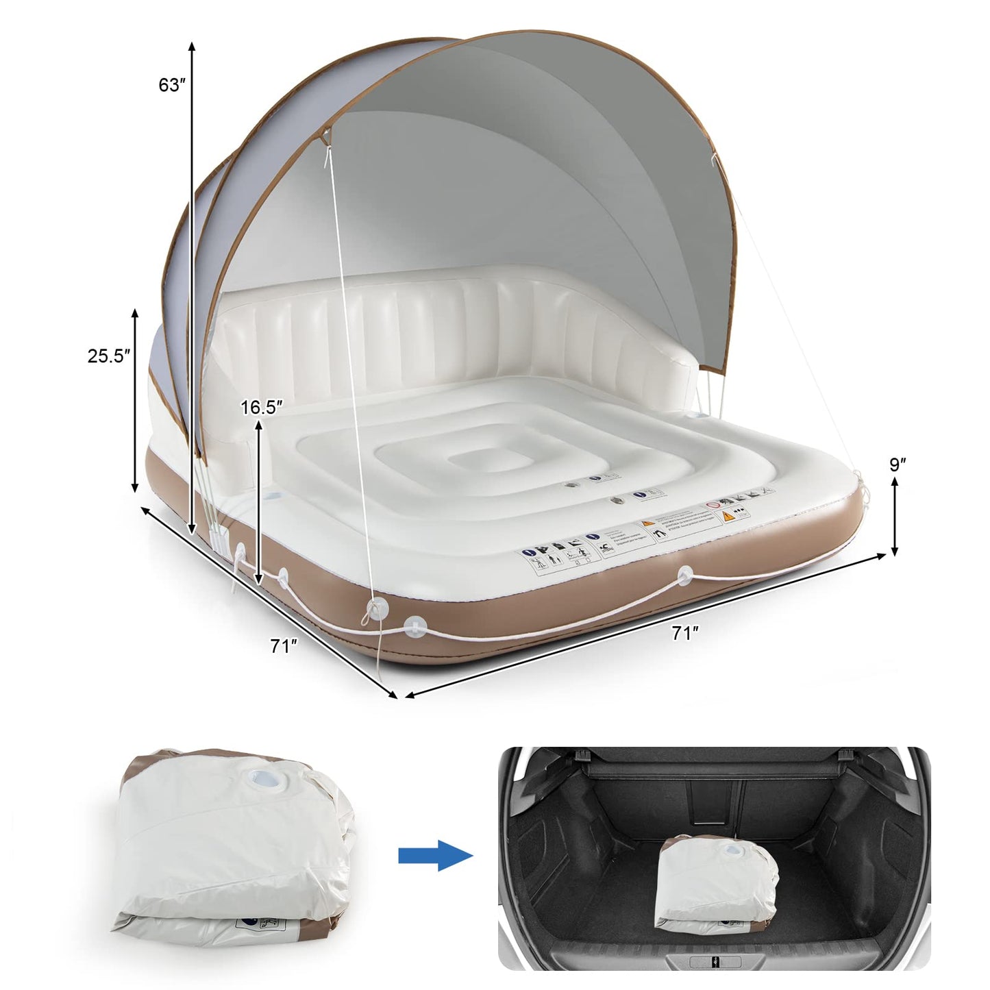 Tangkula Giant Inflatable Pool Float for Adults, UPF50+ Sunshade, Ergonomic Design, Large, White and Brown, Model 10725-NP