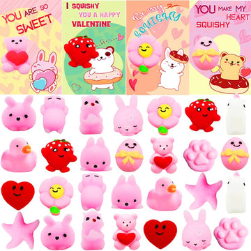 Dinesil 28 Packs Valentine'S Kawaii Mochi Squishy Toys With Cards, Mini Squishy Animal Squishies Stress Relief Toy For Kids Vale