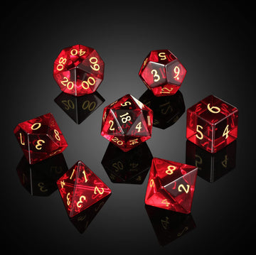 DNDND Glass Dice Set D&D 7 Piece Red Zircon Dice with Great Gift Box for DND Dungeons and Dragon Tabletop Game (Red Glass with G