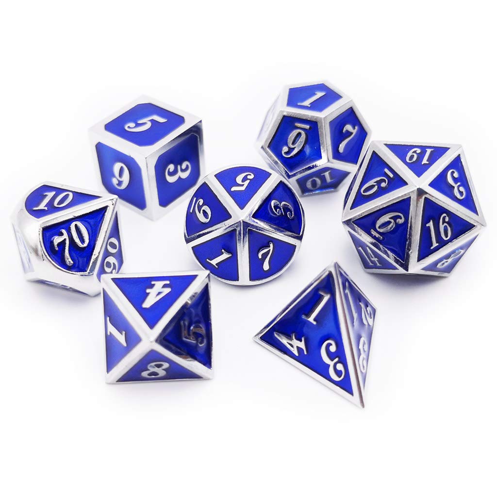 Haxtec Metal Dice Set D&D Silver Navy Blue Metal Polyhedral DND Dice for Dungeons and Dragons-Glossy Enamel Dice (Silver Navy Bl