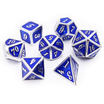 Haxtec Metal Dice Set D&D Silver Navy Blue Metal Polyhedral DND Dice for Dungeons and Dragons-Glossy Enamel Dice (Silver Navy Bl