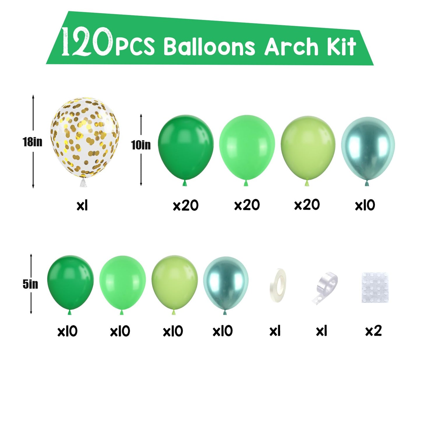 Paready Green Balloon Arch Kit, 120Pcs Dark Green Balloon Garland Kit Light Fruit Green Metallic Green Party Balloons Gold Confe