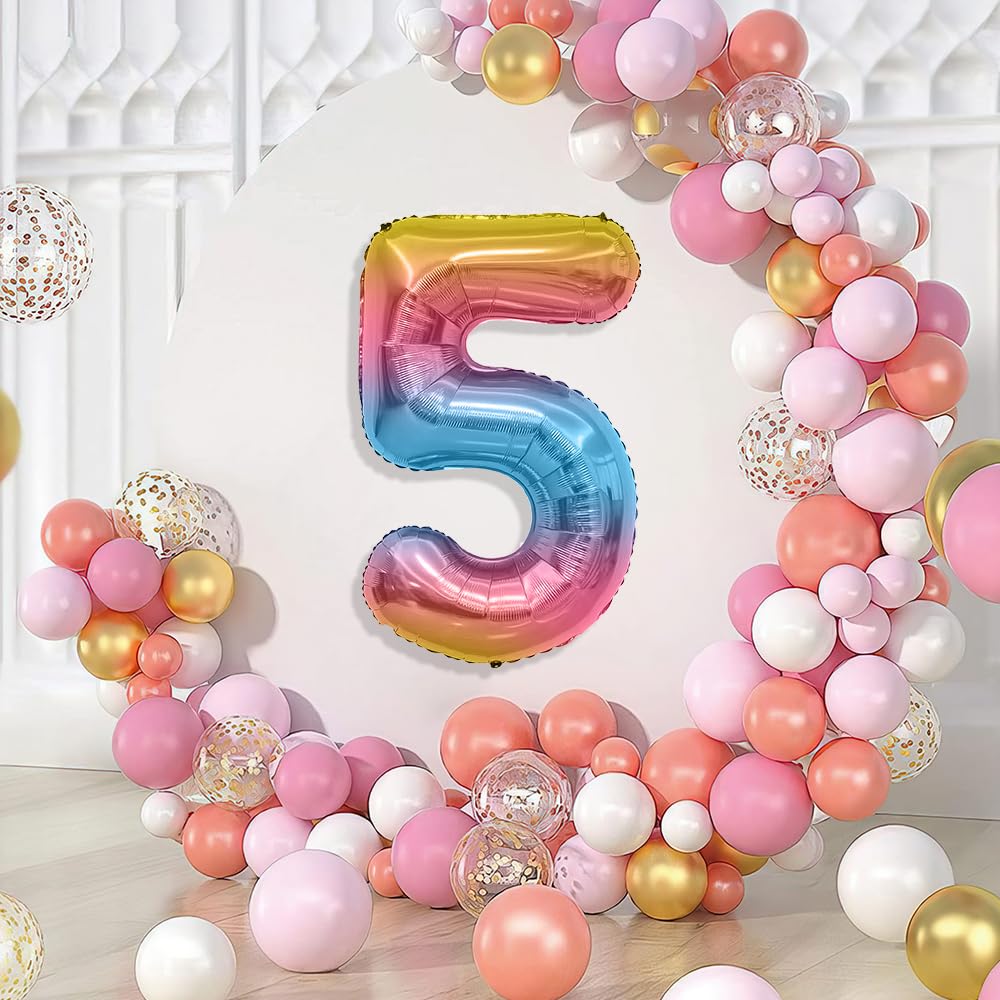 Number Balloon, Number 5 Balloon, 5 Balloon 40 Inch, Rainbow Gradient Number Balloons, 5 Balloon Number, 5Th Birthday Decoration