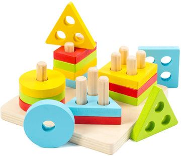 Wood City Wooden Montessori Sorting & Stacking Toys For Toddlers 1 2 3 Year Old, Educational Shape Color Recognition Puzzle Stacker, Development & Learning Toys Boys Girls