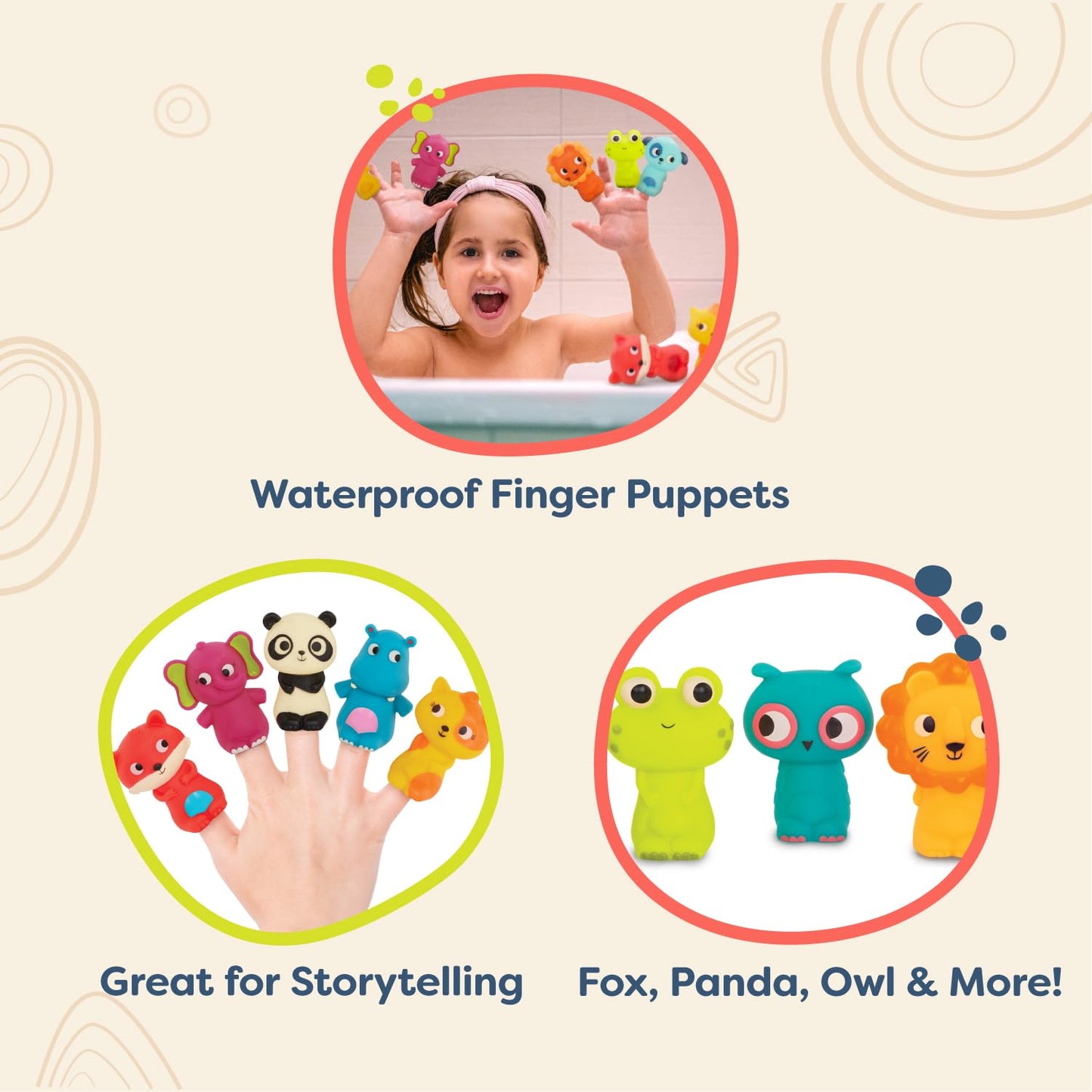 B. Toys B. – 10 Finger Puppets – Animal Finger Puppets – Fox, Panda, Hippo, Giraffe, Dog – Lion, Cat, Frog, Elephant, Owl – 10 Months + – Pinky Pals Crew