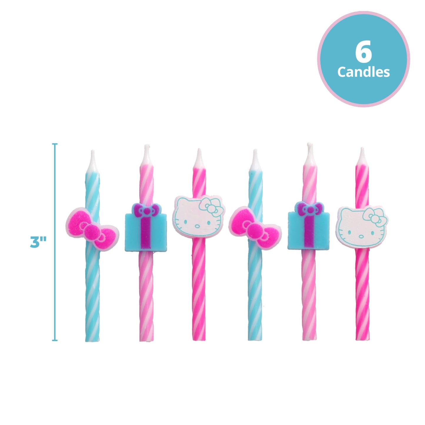 Hello Kitty Birthday Cake Candles | 6 Birthday Candles for Cake Decorations, Pink & Blue Striped Candles, Cupcake Toppers for He