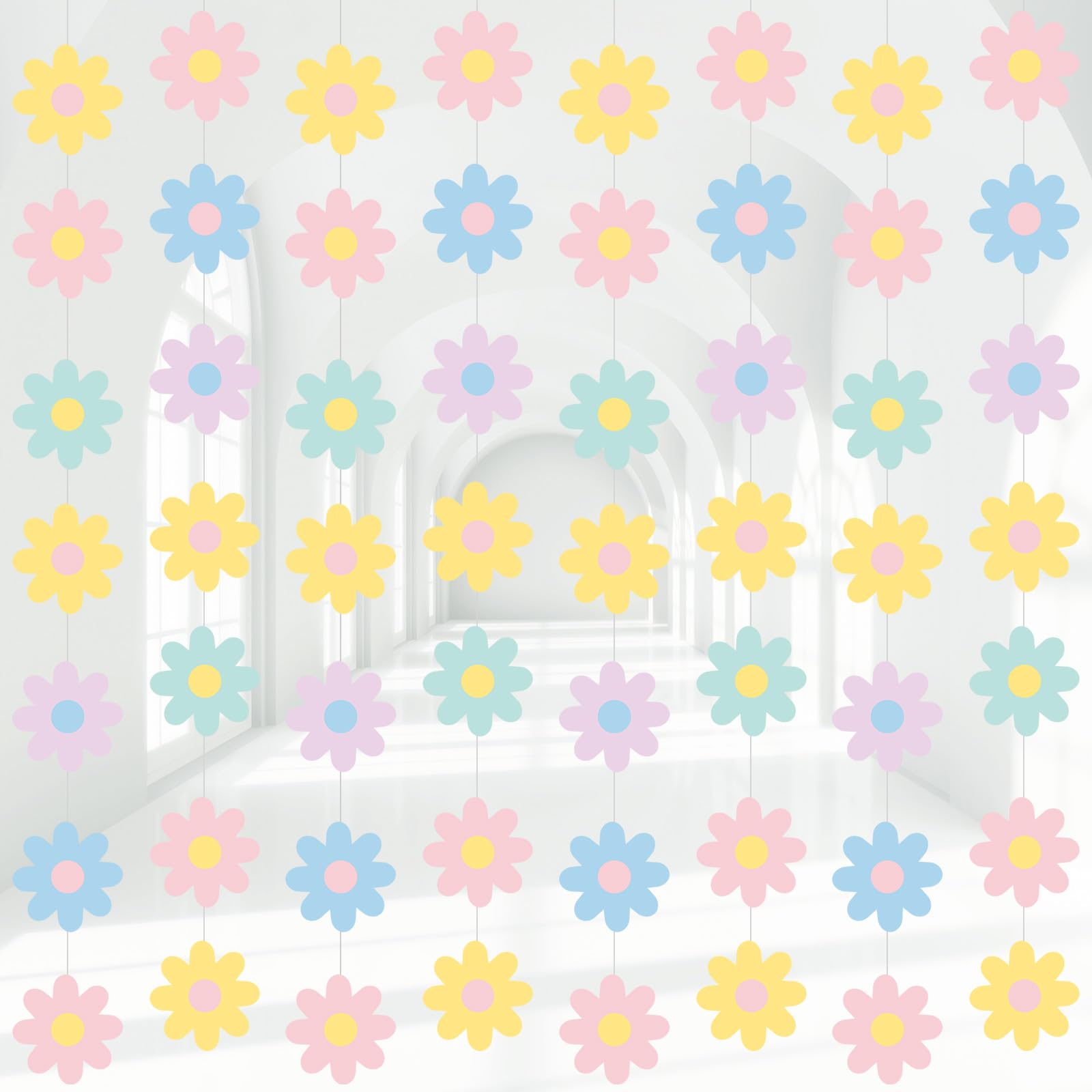 Pasimy 8 Pcs Daisy Boho Party Decorations Groovy Daisy Paper Garlands White Flower Hanging Garland Banner Hippie Flower Cutouts 