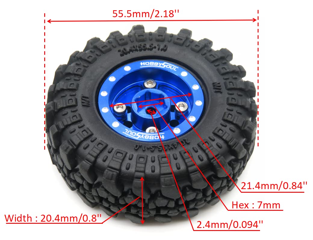 Hobbysoul 1/24 Tires Mounted On Heavy Adjustable Offset 1.0 Beadlock Wheels Blue, 7Mm Hex Rims 1.0 Beadlock Wheels And Tires For