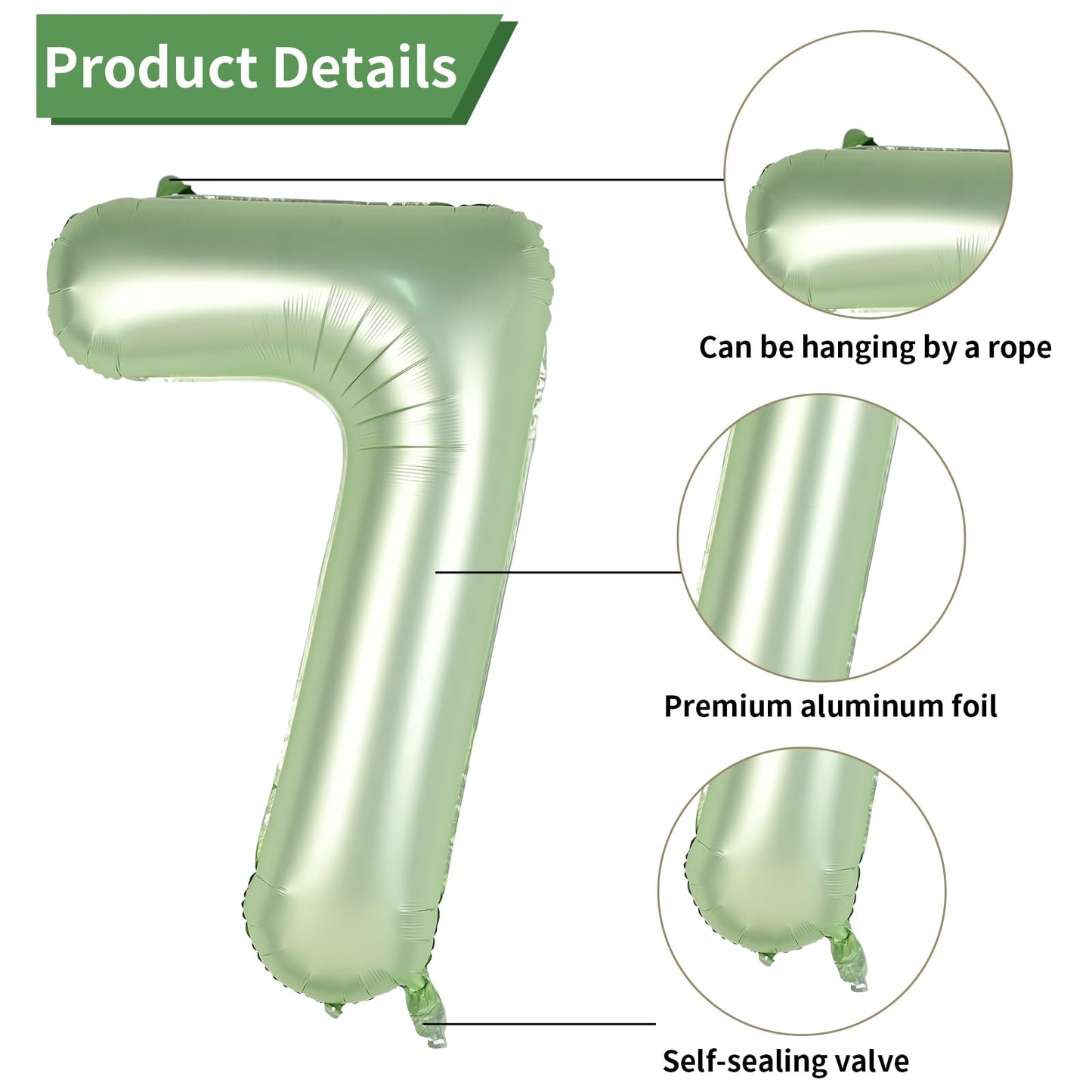 Biapian 40 Inch Sage Green Number 7 Balloons, 7Pcs Gaint Number 7 Balloon With 18'' Retro Foil Heart Balloons Helium For Neutral