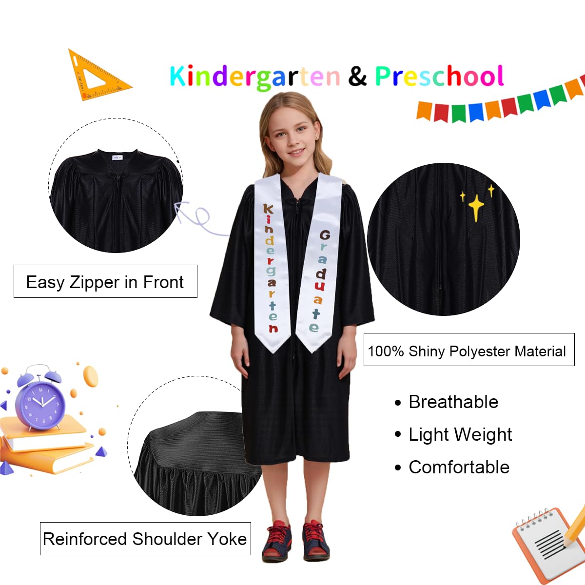 Newrara Kindergarten Graduation Cap and Gown Stole Package for Kids (Black, 33)