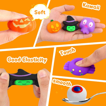 Yujun 24Pcs Halloween Mochi Squishy Toys With Black Cauldron,Kawaii Squishies Mini Stress Relief Toys For Halloween Party Favors Goodie Bag Stuffers For Kids Boys Girls