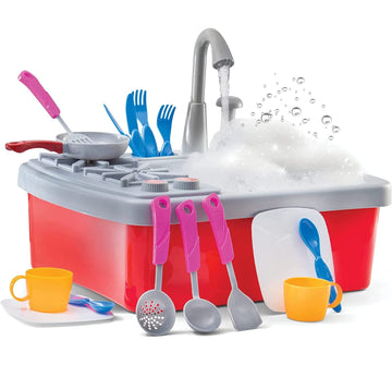 Play22 17 Pc Kids Play Sink with Running Water - Kitchen Sink Toy - Toddler Sink Toy with Real Faucet & Drain, Dishes, Utensils 
