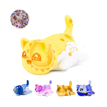 LCCOOUS 61-PCS ? 11'' Sun Cat Plush+ 60pcs Cat Stickers -Meow Cat Plush - Meow Cat Stuffed Animal Collection, Birthday Gift for 