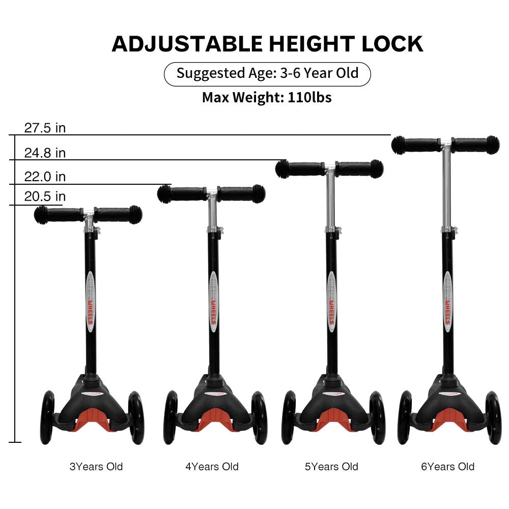 Chromewheels Scooter For Kids, Deluxe 4 Adjustable Height 3 Wheels Glider With Kick, Lean To Steer With Led Flashing Light, Black