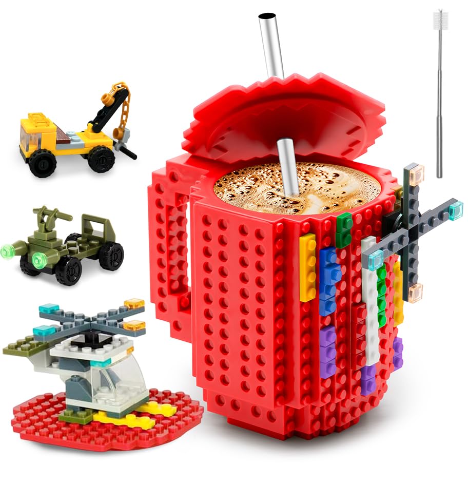 FUBARBAR Brick Coffee Mug - Funny Novelty Cup with Lid & Straw, Building Block Toy Mug, Gift Idea for Men/Women/Kids (Red)