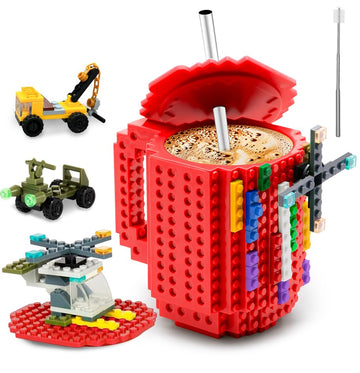 FUBARBAR Brick Coffee Mug - Funny Novelty Cup with Lid & Straw, Building Block Toy Mug, Gift Idea for Men/Women/Kids (Red)
