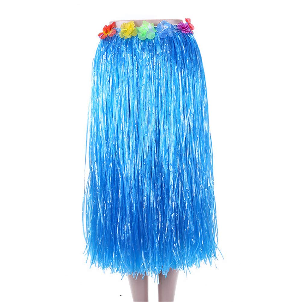 Bajotal Hawaiian Luau Hula Grass Skirt With Large Flower Costume Set For Dance Party Decorations Favors (32'' - Blue)