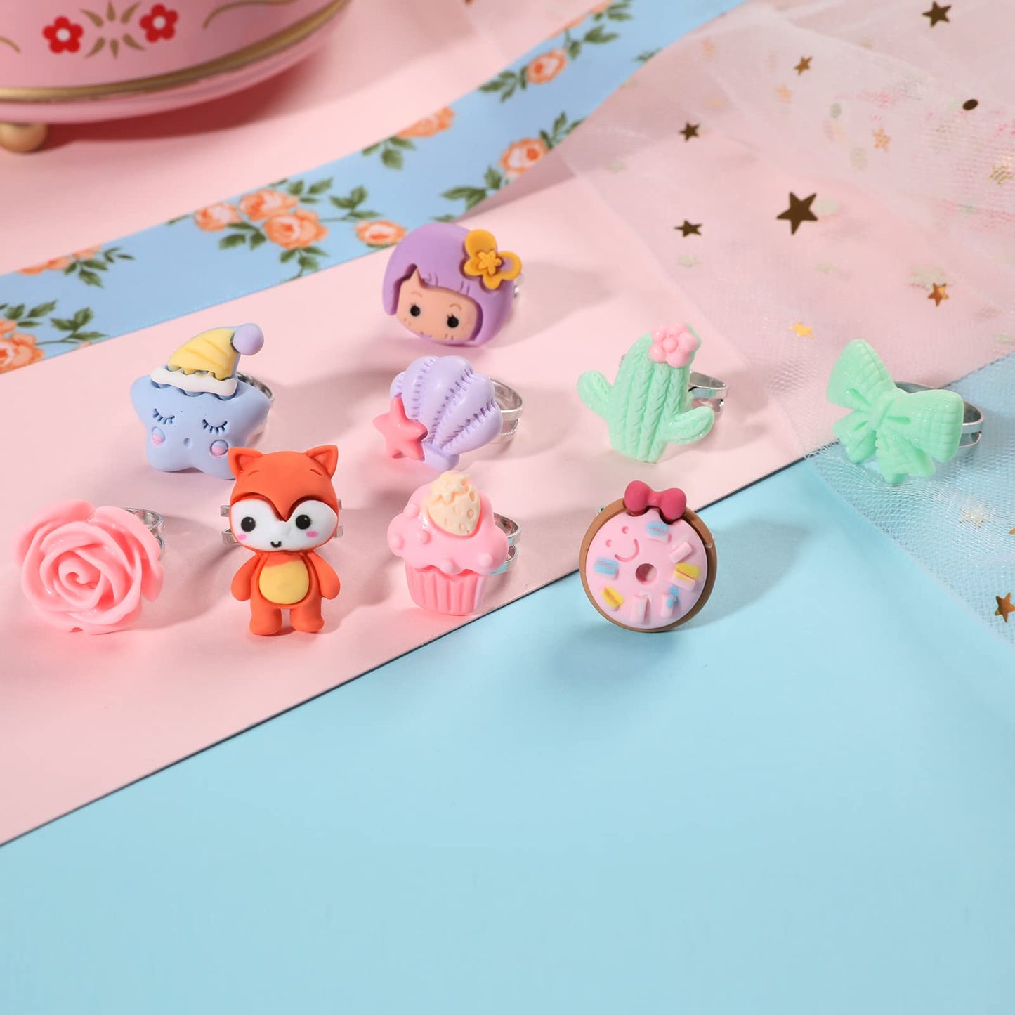 PinkSheep Adjustable Little Girl Jewel Rings in Box - 24 Unique Pretend Play and Dress Up Rings, Pink Color