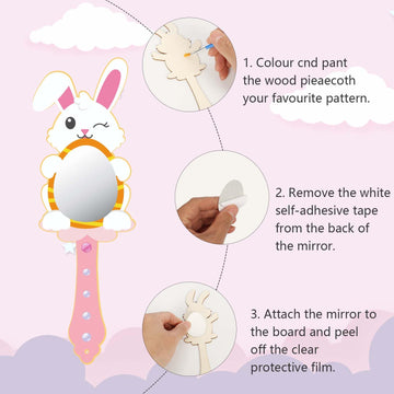 Fennoral 9 Pack Wooden Easter Bunny Craft For Kids Decorate You Own Bunny Mirrors For Girls Diy Paint Hand Mirror For Easter Art