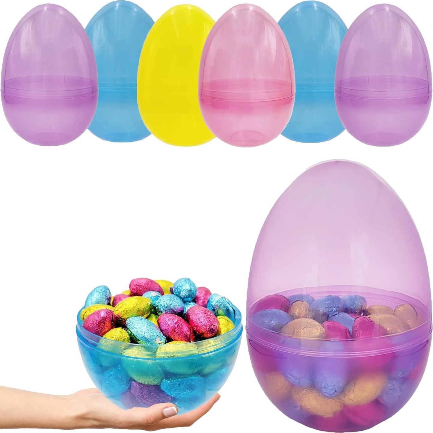 The Dreidel Company 6'' Inch Fillable Easter Eggs 12-Pack Jumbo Translucent, Colorful Plastic Jumbo Easter, Stands Upright, Perf