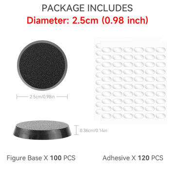 TITAWU 100PCS Miniature Bases+120PCS Adhesive, 25mm/0.98inch Textured Plastic Black Round Model Base for Gaming Miniatures or Wa